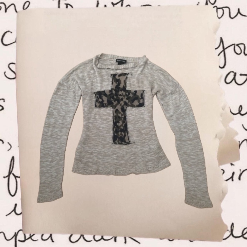 vintage wet seal knit sweater with camo patterned cross